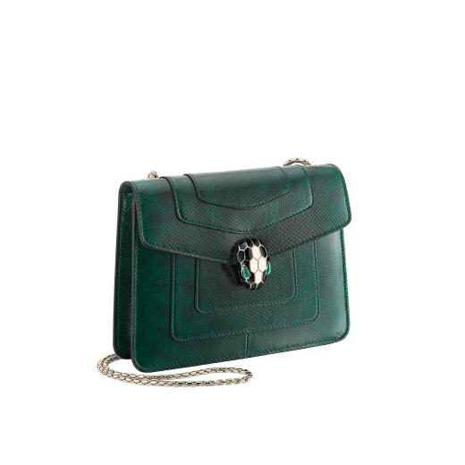 “Serpenti Forever” crossbody bag in shiny forest emerald karung skin. Iconic snakehead closure in light gold plated brass enriched with black and white enamel and green malachite eyes. 287357 image 2