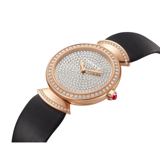 DIVAS' DREAM watch with 18 kt rose gold case set with brilliant-cut diamonds, diamond-pavé dial and black satin bracelet 102432 image 2