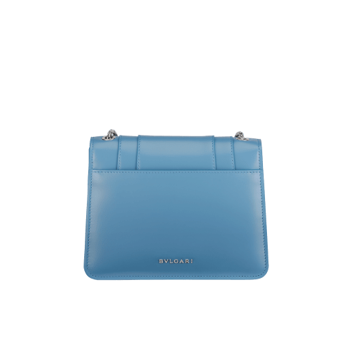 Serpenti Forever small crossbody bag in Niagara sapphire blue calf leather with silky coral pink grosgrain lining. Captivating snakehead closure in palladium-plated brass, embellished with black and Niagara sapphire blue enamel scales and black onyx eyes. 1184-CL image 3