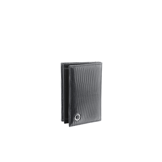 "BVLGARI BVLGARI" business-card holder in shiny Charcoal Diamond grey lizard skin and black calfskin. Palladium-plated brass embellishment with logo. BBM-BC-HOLD-SIMPLE-sl image 1