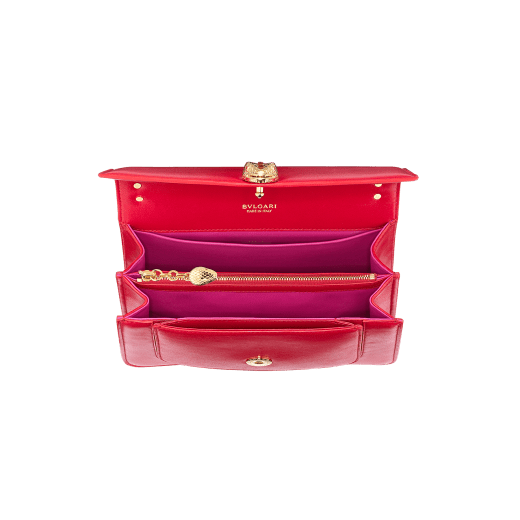 "Serpenti Forever" maxi chain crossbody bag in Amaranth Garnet red nappa leather, with Pink Spinel fuchsia nappa leather internal lining. New Serpenti head closure in gold plated brass, finished with small red carnelian scales in the middle and red enamel eyes. 1138-MCNa image 4