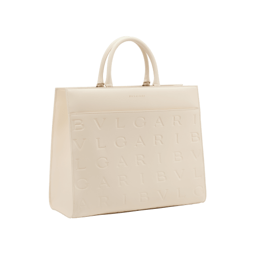 Bvlgari Logo tote bag in black calf leather with hot stamped Infinitum Bvlgari logo pattern and plain Teal Topaz green grosgrain lining. Light gold-plated brass hardware BVL-1201 image 2