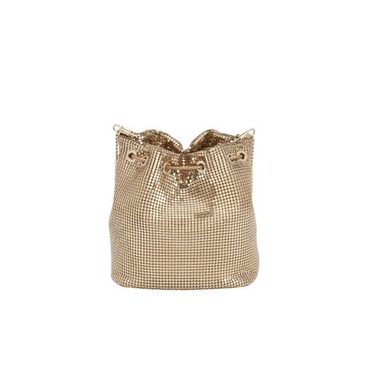 Serpenti Forever mini bucket bag in shiny gold nappa leather with light gold-plated brass metal mesh. Captivating snakehead drawstring and chain strap decors in light gold-plated brass. 291694 image 3