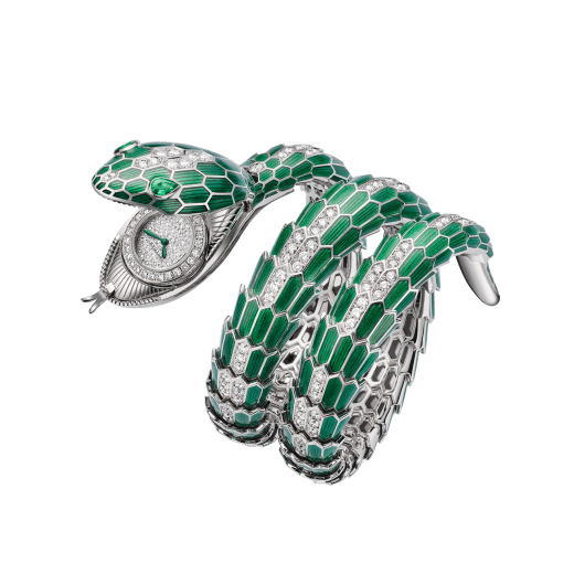 Serpenti Misteriosi High Jewellery secret watch with mechanical manufacture micro-movement with manual winding, 18 kt white gold case and bracelet with green lacquer, brilliant-cut diamonds and two pear-cut emeralds, with pavé-set diamond dial. 103560 image 2