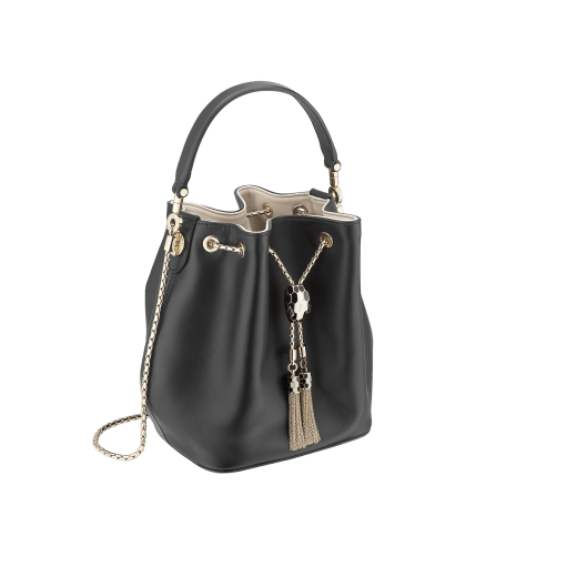 "Serpenti Forever" bucket in white agate smooth calf leather and mint nappa internal lining. Hardware in light gold plated brass and snakehead closure in black and white agate enamel, with eyes in black onyx. 934-CLa image 2