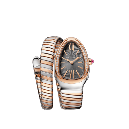 Serpenti Tubogas single spiral watch with stainless steel case, 18 kt rose gold bezel set with brilliant cut diamonds, grey lacquered dial, 18 kt rose gold and stainless steel bracelet. 102681 image 1