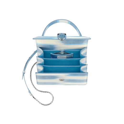 “Serpenti Forever ” top handle bag in Forest Emerald green shiny karung skin with Zircon bay blue gros grain internal lining. Iconic snakehead closure in light gold plated brass enriched with black and white agate enamel and green malachite eyes 1122-SK image 5