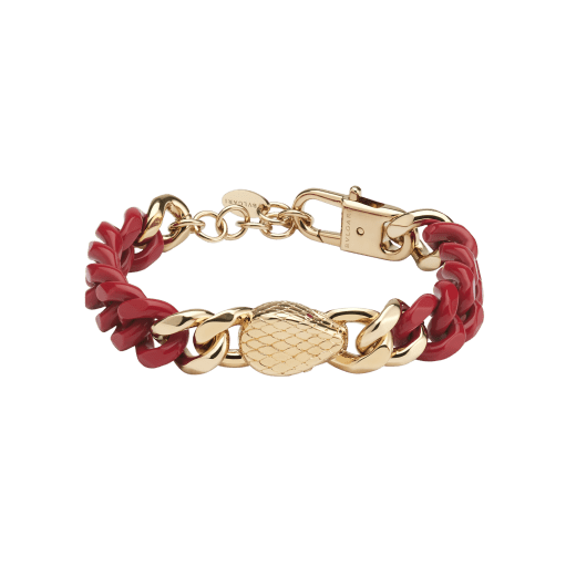 Serpenti Forever Maxi Chain Armband aus vergoldetem Messing mit teilweiser schwarzer Emaillierung. Faszinierender Schlangenkopf mit Augen aus roter Emaille in der Mitte und verstellbarer Verschluss. SERP-CHUNKYCHAIN image 1