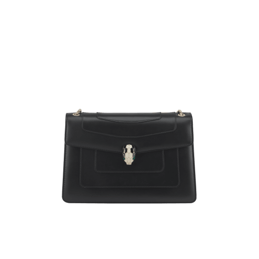 Black calf leather shoulder bag with brass light gold plated black and white enamel Serpenti head closure with malachite eyes. 521-CLa image 2