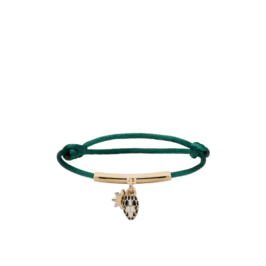 Serpenti Forever bracelet in Niagara sapphire blue fabric and light gold-plated brass tubular element. Eight-pointed star charm and captivating snakehead charm embellished with black and white agate enamel scales and black enamel eyes. SERPSTARSTRING image 1