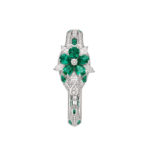 Serpenti Misteriosi Secret Watch with 18 kt white gold head set with brilliant-cut and marquise-shaped diamonds and pear-shaped emeralds and emerald eyes, 18 kt white gold case and dial both set with brilliant-cut diamonds, and 18 kt white gold bracelet set with brilliant-cut diamonds and buff-top cut emeralds 103037 image 1
