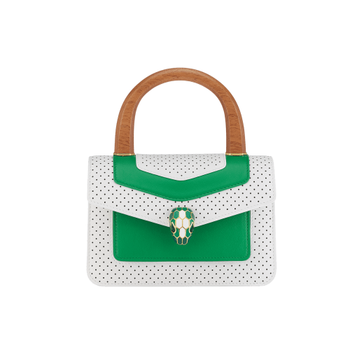 Casablanca x Bulgari small top handle bag in white Tennis Groundstroke calf leather, perforated on the front and smooth on the sides, with smooth tennis green calf leather inserts and tennis green nappa leather lining. Captivating snakehead closure in gold-plated brass embellished with dégradé green and bright white enamel scales, and green malachite eyes. 292330 image 1