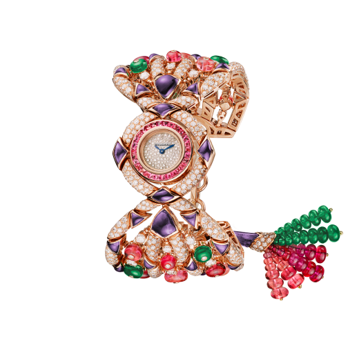 Gemma watch with 18 kt rose gold case set with buff-cut tourmalines, brilliant-cut diamonds and amethyst elements, snow pavé dial, 18 kt rose gold bracelet set with brilliant-cut diamonds, amethyst elements, tourmaline, rubellite and emerald beads 102243 image 2