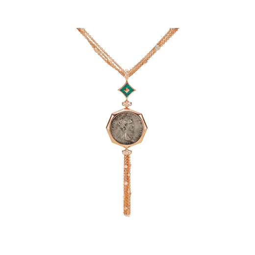 Monete Halskette aus 18 Karat Roségold mit einer antiken Münze, Malachit-Elementen und Diamant-Pavé 355962 image 1