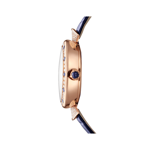 DIVAS' DREAM watch with mechanical manufacture movement, automatic winding, 18 kt rose gold case set with round brilliant-cut diamonds and sapphires, aventurine rotating discs with diamonds and printed constellations and dark blue alligator bracelet 102843 image 3