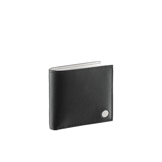 "BVLGARI BVLGARI" compact wallet in denim sapphire soft full grain calf leather and capri turquoise calf leather. Iconic logo decoration in palladium plated brass coloured in capri turquoise enamel. BBM-WLT-ITAL-sgcl image 1