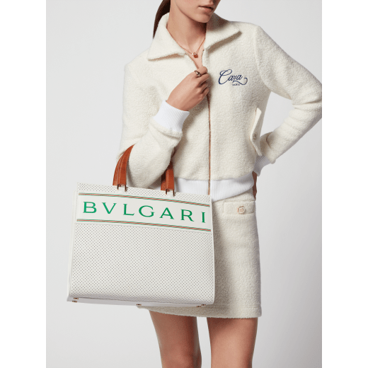 Casablanca x Bulgari large tote bag in white Tennis Groundstroke calf leather, perforated on the main body and smooth on the sides, with tennis green nappa leather lining. Iconic tennis green Bulgari decorative logo, stamped on a smooth white calf leather frame, and gold-plated brass hardware. 292331 image 7
