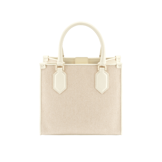 "Bvlgari Logo" small tote bag in Ivory Opal white canvas, with Beet Amethyst purple grosgrain inner lining. Bvlgari logo featured with light gold-plated brass chain inserts on the Ivory Opal white calf leather. BVL-1159-CC image 3