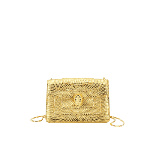"Serpenti Forever" mini crossbody bag in "Molten" gold karung skin with black nappa leather inner lining, offering a touch of radiance for the Winter Holidays. New Serpenti head closure in gold-plated brass, complete with ruby-red enamel eyes. 986-MolK image 1
