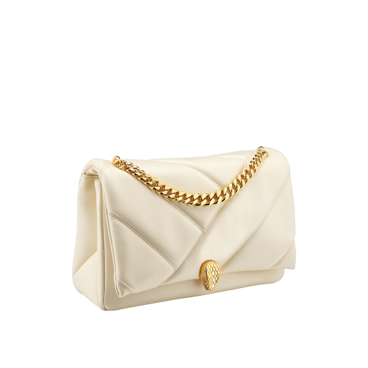 "Serpenti Cabochon" maxi chain crossbody bag in soft quilted Ivory Opal white calf leather, with a maxi graphic motif, and black nappa leather internal lining. New Serpenti head closure in gold plated brass, finished with small white mother-of pearl scales in the middle and red enamel eyes. 1166-NSM image 2