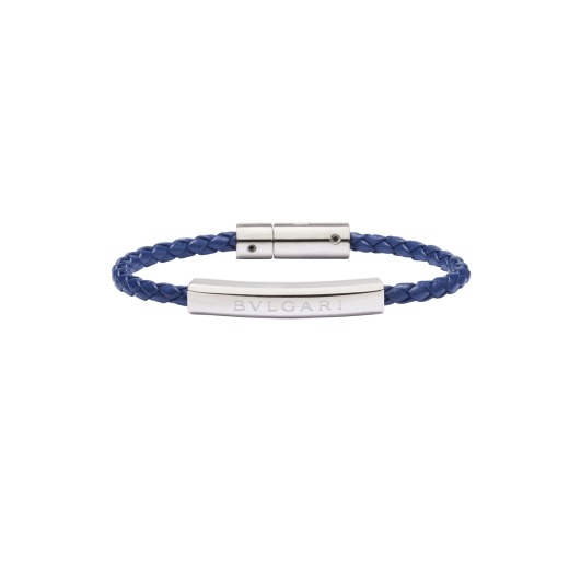 BULGARI BULGARI bracelet in royal sapphire blue braided calf leather. Silver plate in the middle engraved with iconic BULGARI logo and silver clasp closure. LOGOPLATEW-WCL-RS image 1