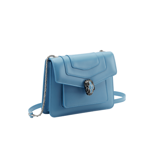 Serpenti Forever small crossbody bag in Niagara sapphire blue calf leather with silky coral pink grosgrain lining. Captivating snakehead closure in palladium-plated brass, embellished with black and Niagara sapphire blue enamel scales and black onyx eyes. 1184-CL image 2