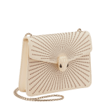 Serpenti Forever crossbody bag in ivory opal laser-cut calf leather with caramel topaz beige nappa leather lining. Captivating snakehead closure in light gold-plated brass embellished with matt and shiny ivory opal enamel scales and black onyx eyes. 422-LCL image 2