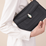 Black calf leather shoulder bag with brass light gold plated black and white enamel Serpenti head closure with malachite eyes. 521-CLa image 7