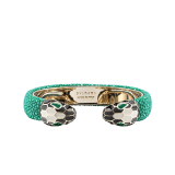 Green galuchat skin bracelet with contraire brass light gold plated iconic black and white enamel Serpenti head motif with malachite enamel eyes. Small. Also available in other colors in store. 2 (5.3 cm) SPContr-G-EG image 1