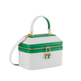 Casablanca x Bulgari small jewellery box bag in white Tennis Groundstroke perforated calf leather with smooth tennis green calf leather inserts and tennis green nappa leather lining. Captivating snakehead zip pullers in gold-plated brass embellished with dégradé green and bright white enamel scales, and green malachite eyes. 292332 image 2