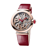 LVCEA Skeleton watch with mechanical manufacture movement, automatic winding and skeleton execution, polished stainless steel case, 18 kt rose gold bezel, openwork BVLGARI logo dial and links, and red alligator bracelet. Water-resistant up to 50 metres. 103373 image 2