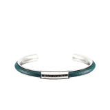 "BVLGARI BVLGARI" men's bangle bracelet in palladium plated brass with Forest Emerald green "Urban" grainy calf leather inserts. "BVLGARI" engraving in the middle. BBM-LOGOCONTR-UCL-FE image 1