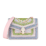 Casablanca x Bulgari small top handle bag in soft grain printed calf leather featuring a Roman mosaic pattern, with dusty pink calf leather sides and dusty pink grosgrain lining. Captivating snakehead magnetic closure in gold-plated brass embellished with multicolor enamel scales and blue jade eyes. 292417 image 5