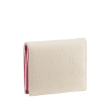 Bulgari Logo compact wallet in Ivory Opal white calf leather with hot stamped Infinitum Bulgari logo pattern and plain Pink Spinel nappa leather lining. Light gold-plated brass hardware BVL-COMPACTWLT image 3