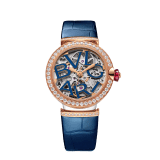 LVCEA Skeleton watch with mechanical manufacture movement, automatic winding and skeleton execution, polished stainless steel case, 18 kt rose gold bezel and links set with diamonds, blue lacquered openwork BVLGARI logo dial and blue alligator bracelet. Water-resistant up to 30 metres 103304 image 1
