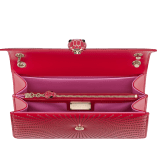 Serpenti Forever medium shoulder bag in amaranth garnet red laser-cut calf leather with taffy quartz pink nappa leather lining. Captivating snakehead closure in light gold-plated brass embellished with matt and shiny amaranth garnet red enamel scales and black onyx eyes. 1205-LCCL image 4