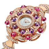 DIVAS' DREAM watch with 18 kt rose gold case set with brilliant-cut diamonds, round shaped rubellites and amethysts beads, white mother-of-pearl dial and 18 kt rose gold bracelet set with brilliant-cut diamonds 102080 image 2
