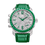 Octo Roma Grande Sonnerie watch with mechanical manufacture movement, automatic winding, Grande and Petite Sonnerie, 4-hammer Westminster chime and minute repeater. 18 kt white gold case set with baguette-cut emeralds and diamonds, transparent case back, dial set with baguette-cut diamonds and green alligator bracelet. Water-resistant up to 30 metres. One-of-a-kind timepiece. 103553 image 2