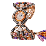 Gemma watch with 18 kt rose gold case set with buff-cut spessartite, brilliant cut-diamonds and black mother-of-pearl elements, snow pavé dial, 18 kt rose gold bracelet set with tourmaline, spessartite and amethyst beads, black mother-of-pearl elements and brilliant-cut diamonds 102242 image 1