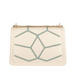Serpenti Diamond Blast small shoulder bag in ivory opal calf leather with twisted chain and leather décor, and Niagara sapphire blue nappa leather lining. Captivating snakehead closure in light gold-plated brass embellished with matt and shiny ivory opal enamel scales and black onyx eyes. 291725 image 3
