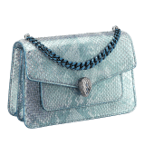 "Serpenti Forever" small maxi chain crossbody bag in Aquamarine light blue "Afterglow" python skin with a pearled effect, and an Aquamarine light blue nappa leather internal lining. New Serpenti head closure in dark ruthenium-plated brass, finished with small grey mother-of-pearl scales in the middle, and red enamel eyes. MCN-AP-A image 2