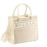 "Bvlgari Logo" small tote bag in Ivory Opal white canvas, with Beet Amethyst purple grosgrain inner lining. Bvlgari logo featured with light gold-plated brass chain inserts on the Ivory Opal white calf leather. BVL-1159-CC image 2