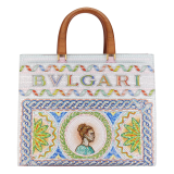Casablanca x Bulgari large tote bag in soft grain printed calf leather featuring a Roman mosaic pattern, with dusty pink calf leather sides and dusty pink grosgrain lining. Iconic multicolor Bulgari decorative logo, gold-plated brass hardware and magnetic closure. 292416 image 1
