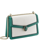 “Serpenti Diamond Blast” shoulder bag in white agate quilted nappa leather and emerald green smooth calf leather frames. Iconic snakehead closure in light gold-plated brass enriched with matte black and shiny emerald green enamel and black onyx eyes. 922-FQDf image 2