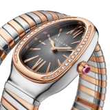 Serpenti Tubogas single spiral watch with stainless steel case, 18 kt rose gold bezel set with brilliant cut diamonds, grey lacquered dial, 18 kt rose gold and stainless steel bracelet. 102681 image 2