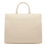 Bvlgari Logo tote bag in black calf leather with hot stamped Infinitum Bvlgari logo pattern and plain Teal Topaz green grosgrain lining. Light gold-plated brass hardware BVL-1201 image 3
