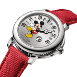 Gérald Genta Arena Retrograde watch with smiling Disney Mickey Mouse, mechanical movement with automatic winding, retrograde minutes and jumping hours, 42 hours of power reserve, 41 mm polished stainless steel case, transparent case back, silvered sunray dial with stickers and lacquered Mickey Mouse arm and texturized red rubber bracelet. Water-resistant up to 100 metres. Limited Edition of 150 pieces. 103613 image 2