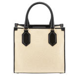 "Bvlgari Logo" small tote bag in Natural beige canvas, with black grosgrain inner lining. Bvlgari logo featured with light gold-plated brass chain inserts on the black calf leather. BVL-CC image 3