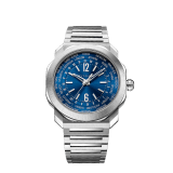 Octo Roma WorldTimer watch with mechanical manufacture movement, automatic winding, World Timer, 24 time zones and 24-hour indicator, satin-brushed and polished stainless steel case and bracelet with triple-blade folding clasp, blue sunburst dial, stainless steel screw-down crown set with ceramic inlay and transparent caseback. Water-resistant up to 100 metres 103481 image 1