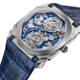 Octo Finissimo Tourbillon Skeleton watch with extra-thin mechanical movement with manual winding and flying tourbillon, 40 mm platinum case with transparent case back, platinum crown with blue ceramic insert, blue skeletonized caliber, blue alligator bracelet and platinum ardillon buckle 103188 image 2